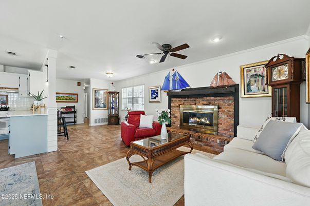 Fireplace, Interior, Kitchen, Living room, Pendant Lights, Recessed Lighting