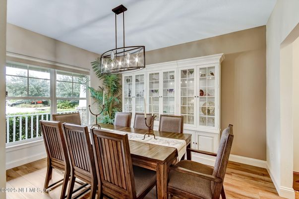 Dining room, Interior, Pendant Lights, Wood Texture Flooring