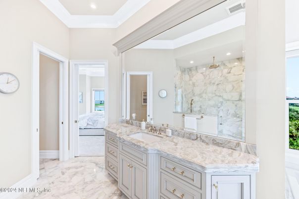 Bathroom, Dual Sink Vanities, Interior, Marble, Marble Walls, Recessed Lighting