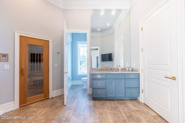 Bathroom, Dual Sink Vanities, Interior, Recessed Lighting, Wood Texture Flooring