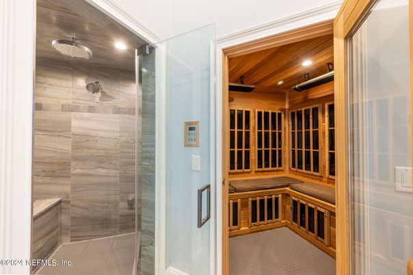 Bathroom, Glass Shower, Interior, Recessed Lighting, Sauna Room
