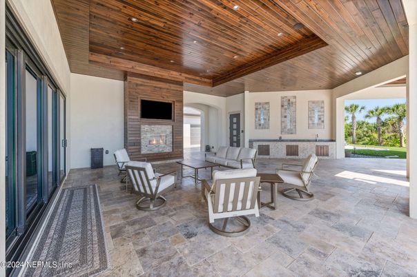 Fireplace, Interior, Living room, Recessed Lighting, Wooden Ceilings