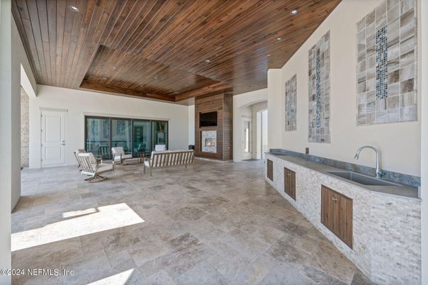 Fireplace, Interior, Living room, Recessed Lighting, Wooden Ceilings