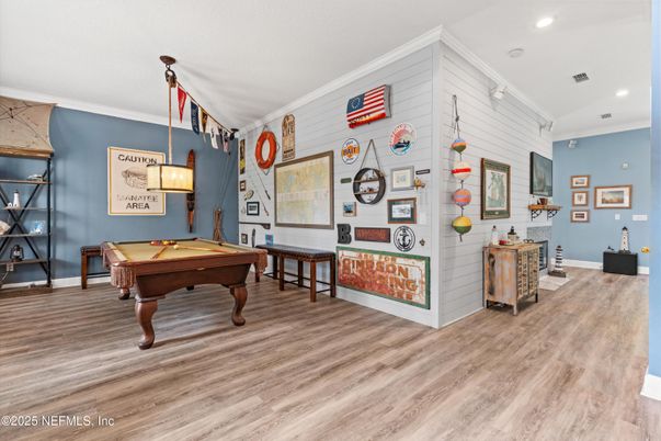 Billiard Table, Game Room, Interior, Pendant Lights, Recessed Lighting, Wood Texture Flooring