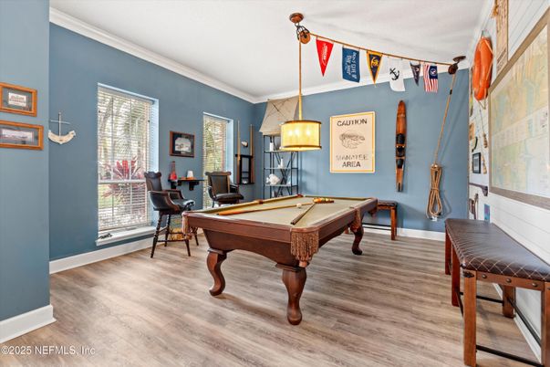 Billiard Table, Game Room, Interior, Pendant Lights, Wood Texture Flooring