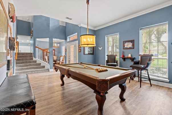 Billiard Table, Game Room, Interior, Pendant Lights, Wood Texture Flooring