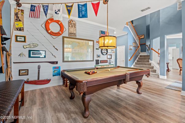Billiard Table, Game Room, Interior, Pendant Lights, Wood Texture Flooring