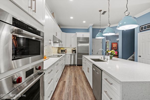 Interior, Kitchen, Pendant Lights, Recessed Lighting, Stainless Steel Appliances, Wood Texture Flooring