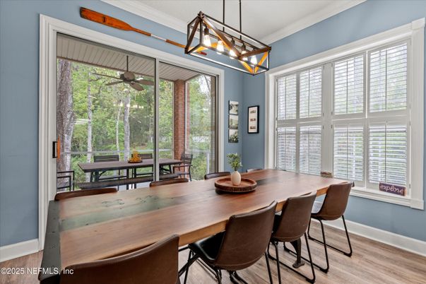 Dining room, Interior, Pendant Lights, Wood Texture Flooring