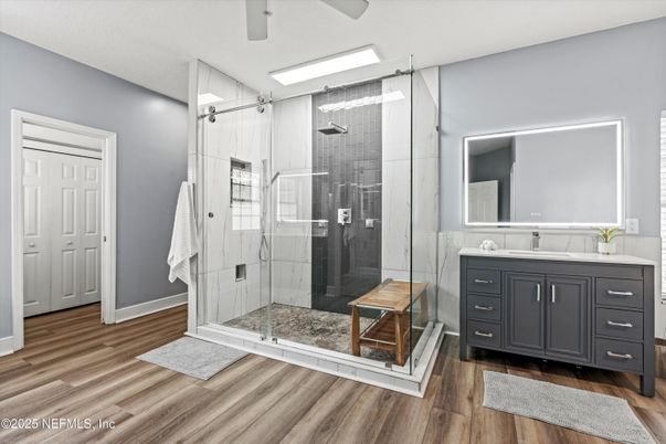 Bathroom, Glass Shower, Interior, Wood Texture Flooring