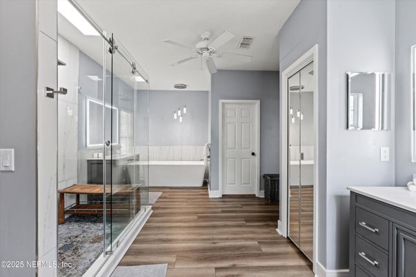 Bathroom, Glass Shower, Interior, Pendant Lights, Wood Texture Flooring
