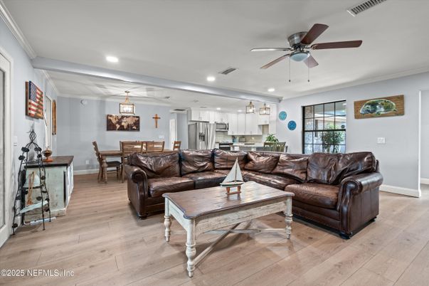 Dining room, Interior, Kitchen, Living room, Pendant Lights, Recessed Lighting, Stainless Steel Appliances, Wood Texture Flooring