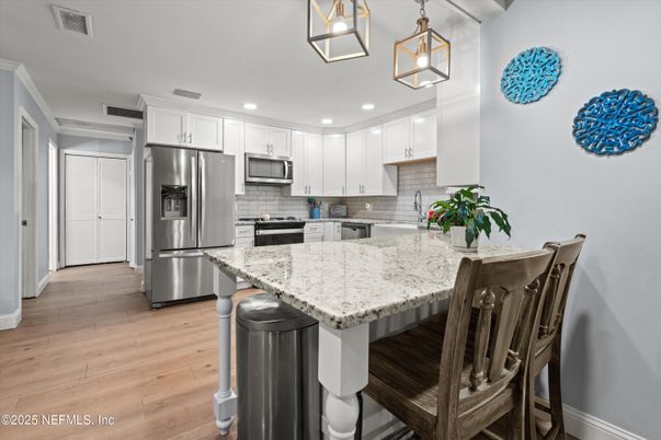 Interior, Kitchen, Pendant Lights, Recessed Lighting, Stainless Steel Appliances, Wood Texture Flooring