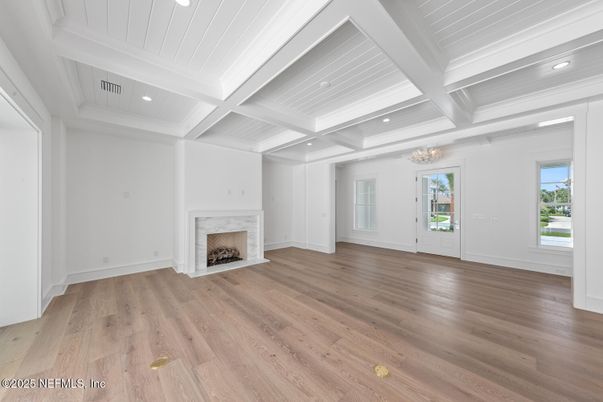 Empty room, Fireplace, Interior, Recessed Lighting, Wood Texture Flooring