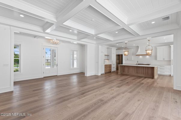 Chandelier, Empty room, Interior, Kitchen, Pendant Lights, Recessed Lighting, Wood Texture Flooring