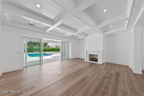 Empty room, Fireplace, Interior, Recessed Lighting, Wood Texture Flooring