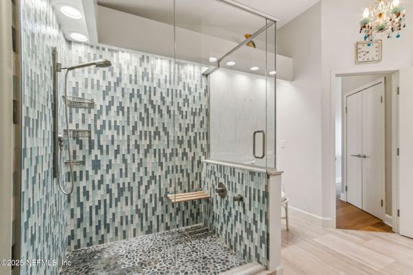 Bathroom, Glass Shower, Interior, Recessed Lighting, Wood Texture Flooring
