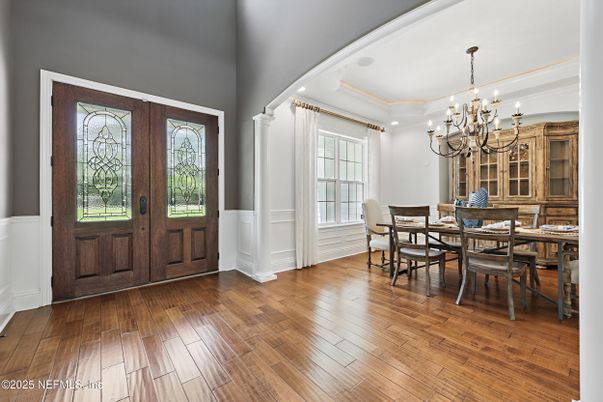 Chandelier, Dining room, Interior, Wood Texture Flooring