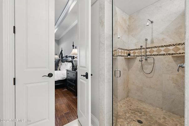 Bathroom, Bedroom, Glass Shower, Interior, Wood Texture Flooring