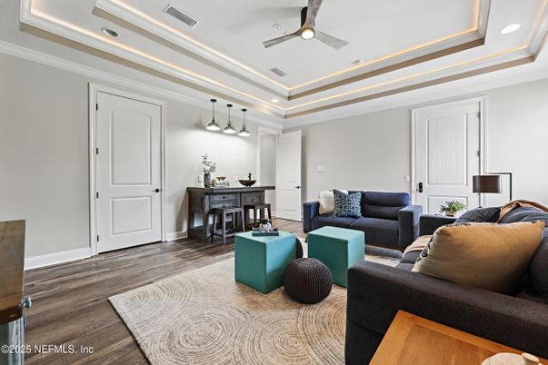 Interior, Living room, Pendant Lights, Recessed Lighting, Wood Texture Flooring