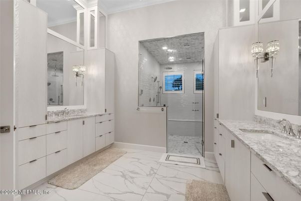 Bathroom, Dual Sink Vanities, Glass Shower, Interior, Marble, Recessed Lighting