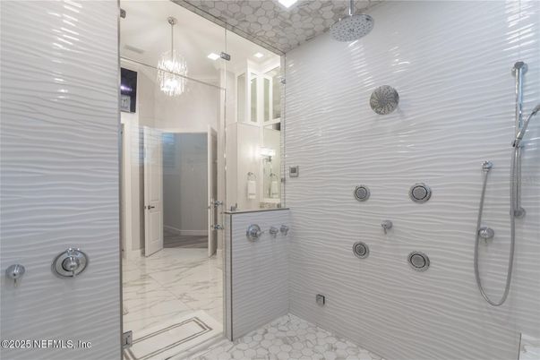 Bathroom, Chandelier, Glass Shower, Interior, Marble, Pendant Lights