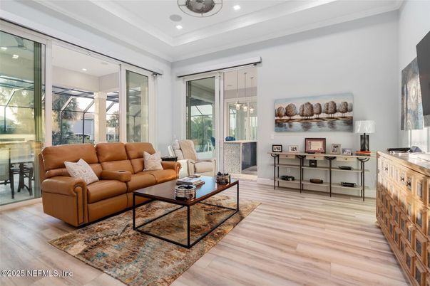 Interior, Living room, Pendant Lights, Recessed Lighting, Wood Texture Flooring
