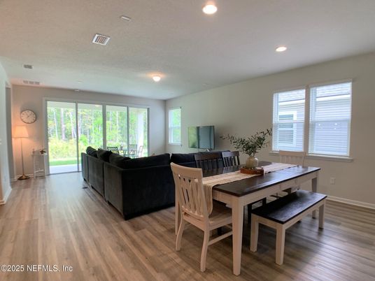 Dining room, Interior, Living room, Recessed Lighting, Wood Texture Flooring