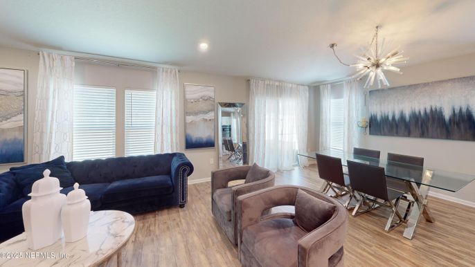 Dining room, Interior, Living room, Pendant Lights, Recessed Lighting, Wood Texture Flooring