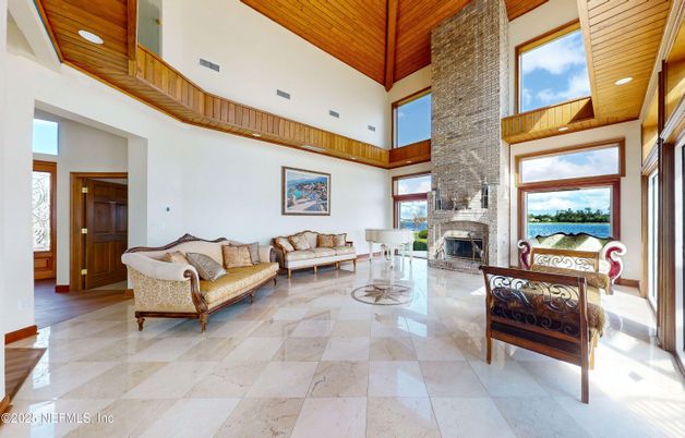 Fireplace, Interior, Living room, Recessed Lighting, Wooden Ceilings