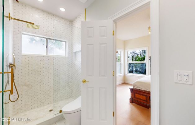 Bathroom, Glass Shower, Interior, Recessed Lighting, Wood Texture Flooring