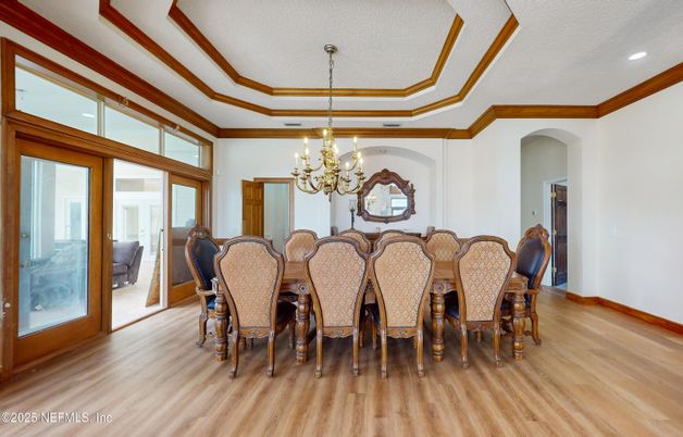 Chandelier, Dining room, Interior, Recessed Lighting, Wood Texture Flooring