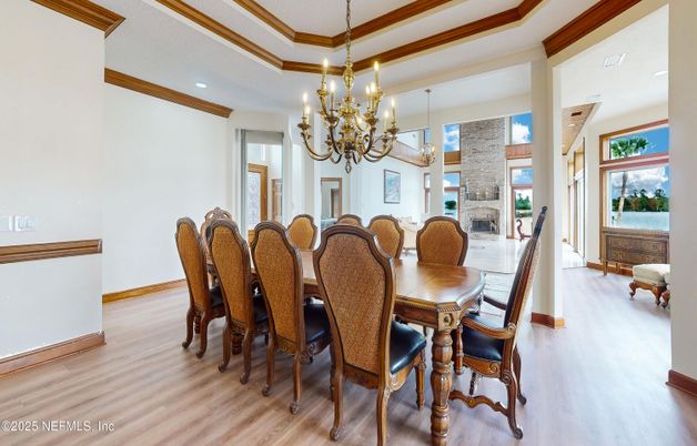 Chandelier, Dining room, Fireplace, Interior, Recessed Lighting, Wood Texture Flooring