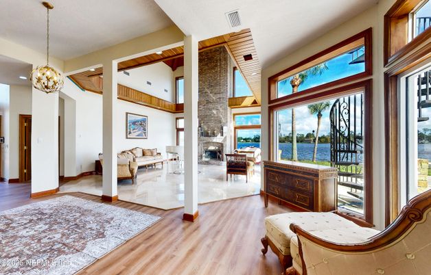 Fireplace, Interior, Living room, Pendant Lights, Water, Wood Texture Flooring