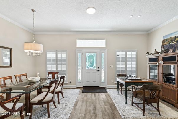 Dining room, Interior, Pendant Lights, Recessed Lighting, Wood Texture Flooring