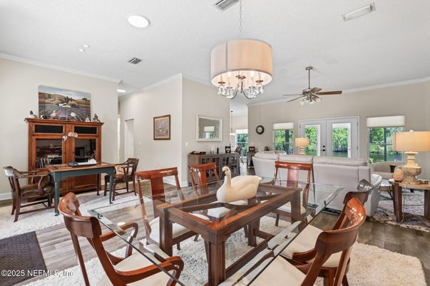 Chandelier, Dining room, Interior, Living room, Recessed Lighting, Wood Texture Flooring