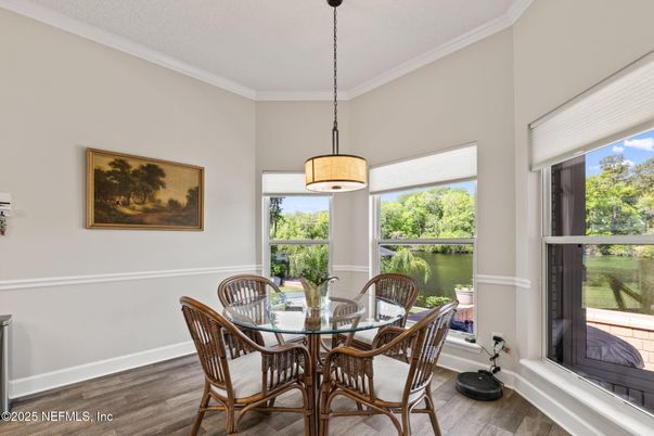Dining room, Interior, Pendant Lights, Wood Texture Flooring