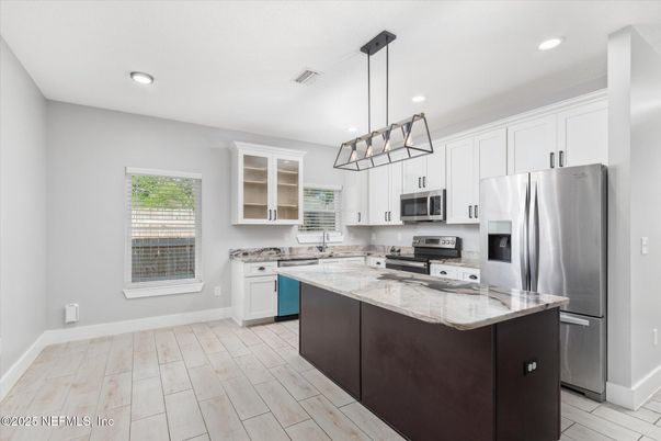 Interior, Kitchen, Pendant Lights, Recessed Lighting, Stainless Steel Appliances, Wood Texture Flooring
