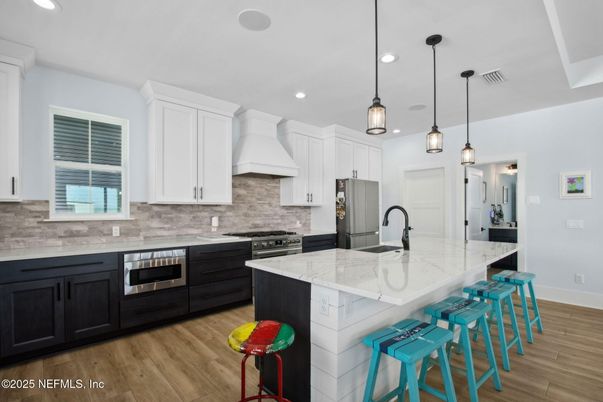 Interior, Kitchen, Pendant Lights, Recessed Lighting, Stainless Steel Appliances, Wood Texture Flooring