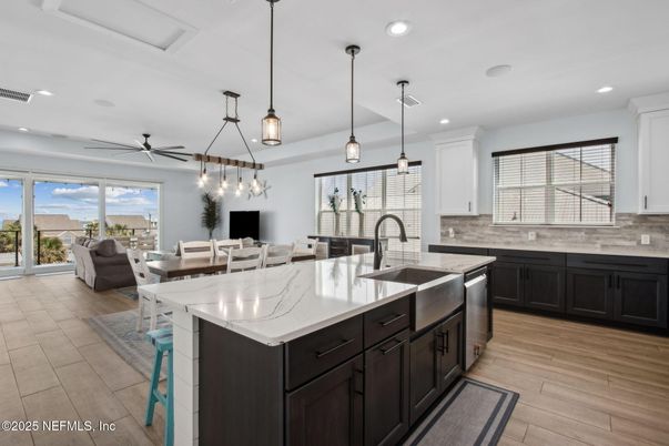 Dining room, Interior, Kitchen, Living room, Pendant Lights, Recessed Lighting, Wood Texture Flooring