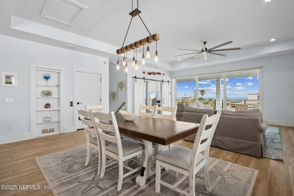 Dining room, Interior, Pendant Lights, Recessed Lighting, Wood Texture Flooring