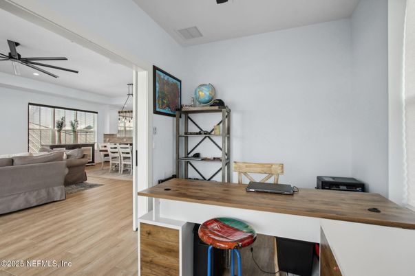 Dining room, Interior, Living room, Pendant Lights, Recessed Lighting, Wood Texture Flooring