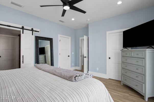 Bedroom, Interior, Recessed Lighting, Wood Texture Flooring