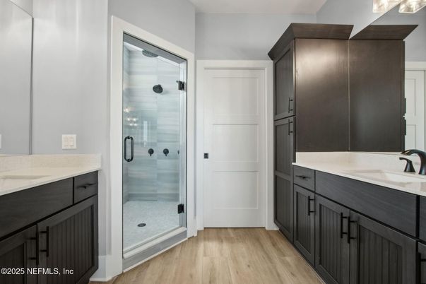 Bathroom, Glass Shower, Interior, Wood Texture Flooring