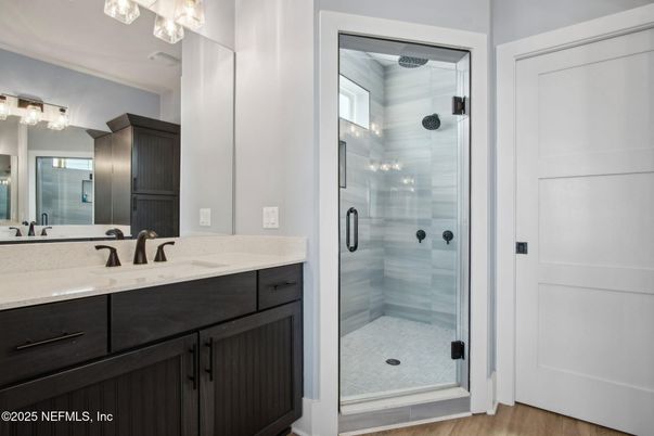 Bathroom, Glass Shower, Interior, Wood Texture Flooring