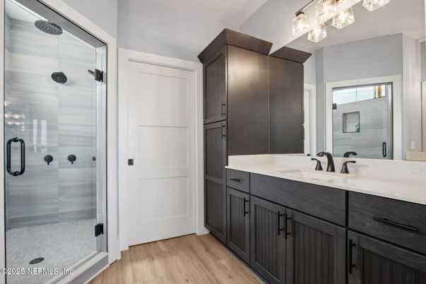 Bathroom, Glass Shower, Interior, Wood Texture Flooring