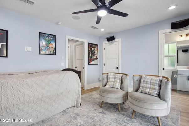 Bedroom, Interior, Recessed Lighting, Wood Texture Flooring