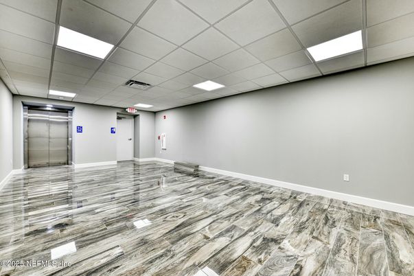 Elevator, Empty room, Interior, Recessed Lighting, Wood Texture Flooring