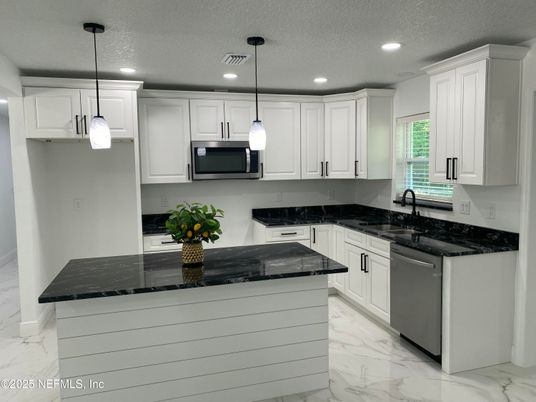 Interior, Kitchen, Marble, Pendant Lights, Recessed Lighting, Stainless Steel Appliances