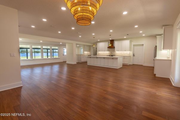 Chandelier, Interior, Kitchen, Pendant Lights, Recessed Lighting, Wood Texture Flooring